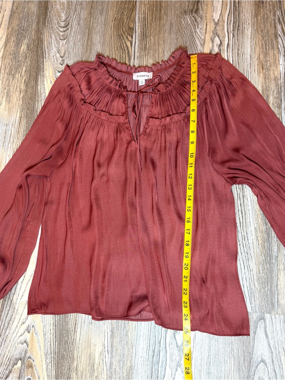 EVEREVE Pleated Neck Tie Front Blouse Rust Orange Terracotta Peasant Top Medium - Picture 8 of 8